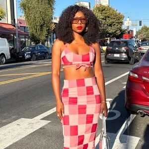 Sammy B Patchwork Denim Pink Quilted Tie Back Bralette Bra Crop Top size medium